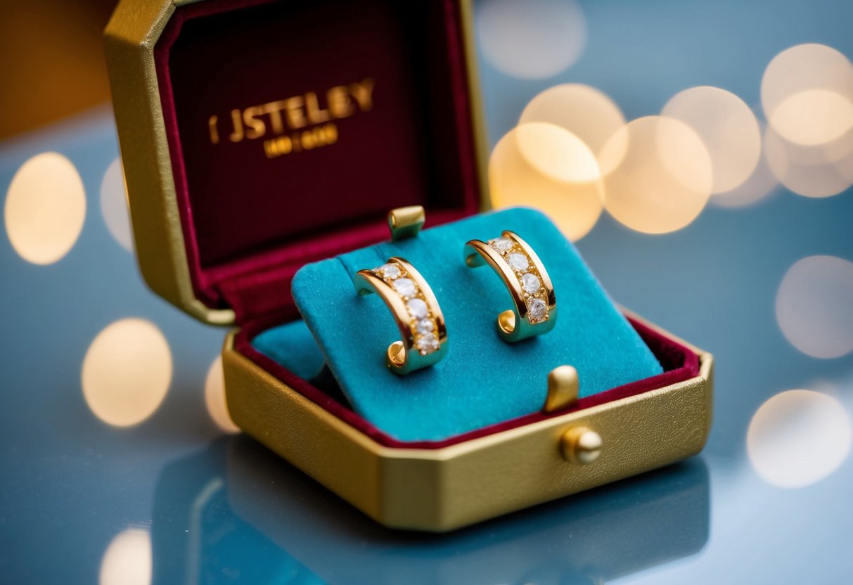 A pair of gold earrings for women displayed on a velvet cushion in a jewelry box