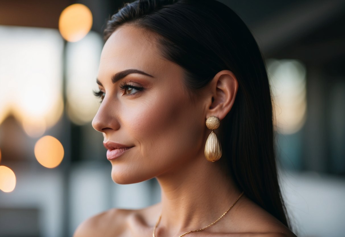 A woman's profile with gold earrings, radiating confidence and elegance