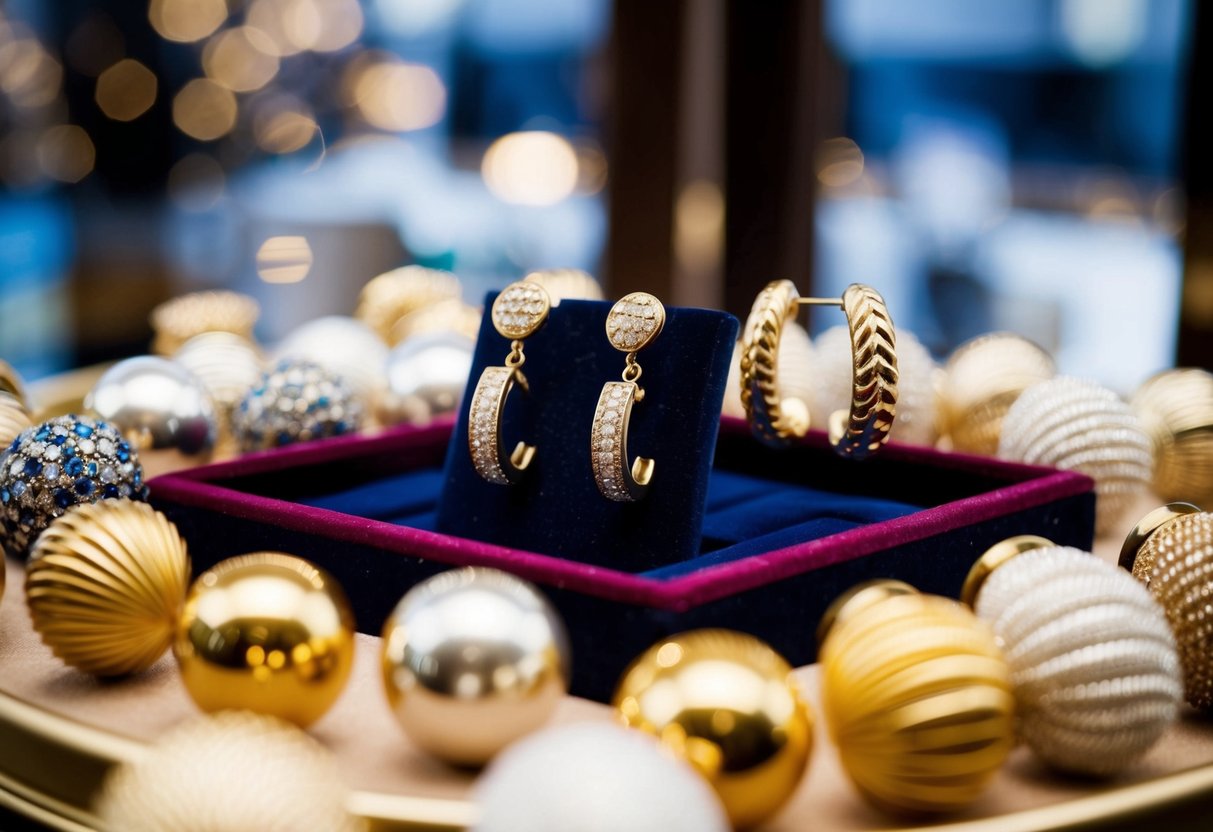 A display of various styles of gold earrings for women on a velvet-lined tray