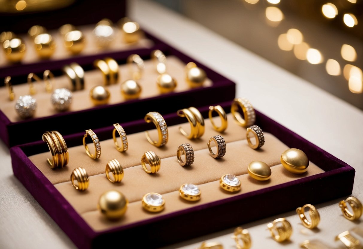 A display of various gold earrings arranged on a velvet-lined tray under soft, warm lighting