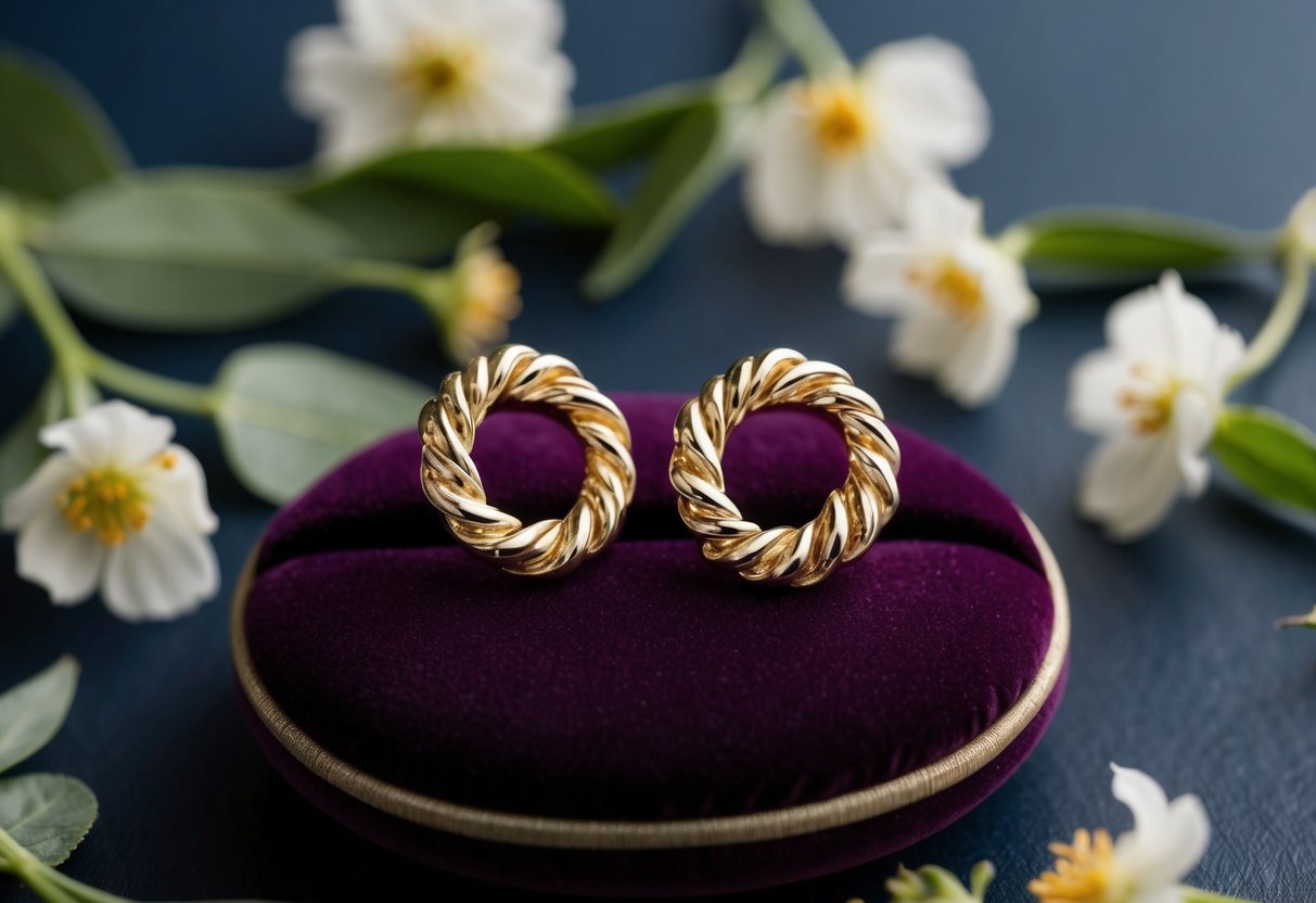 A pair of gold earrings gleaming on a velvet cushion, surrounded by delicate flowers and leaves