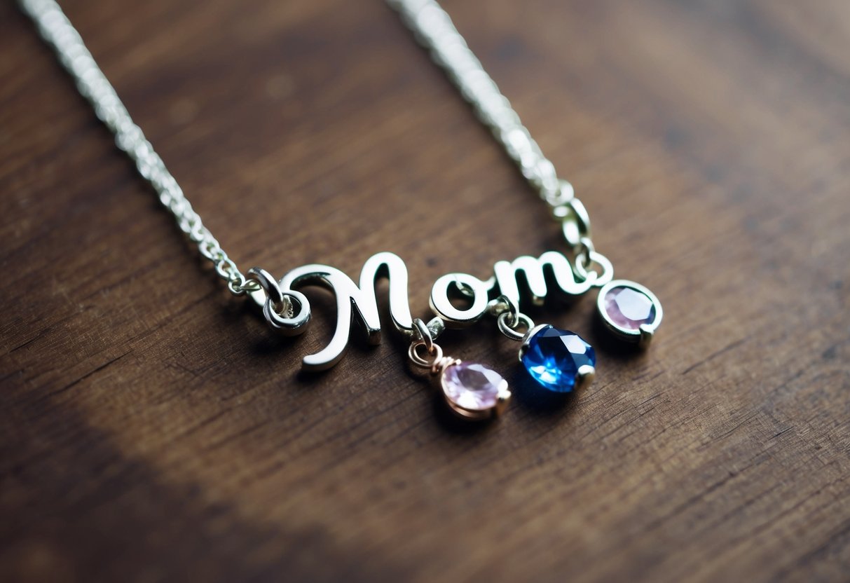 A delicate necklace with the word "mom" in cursive, adorned with birthstones and charms, hanging from a dainty chain