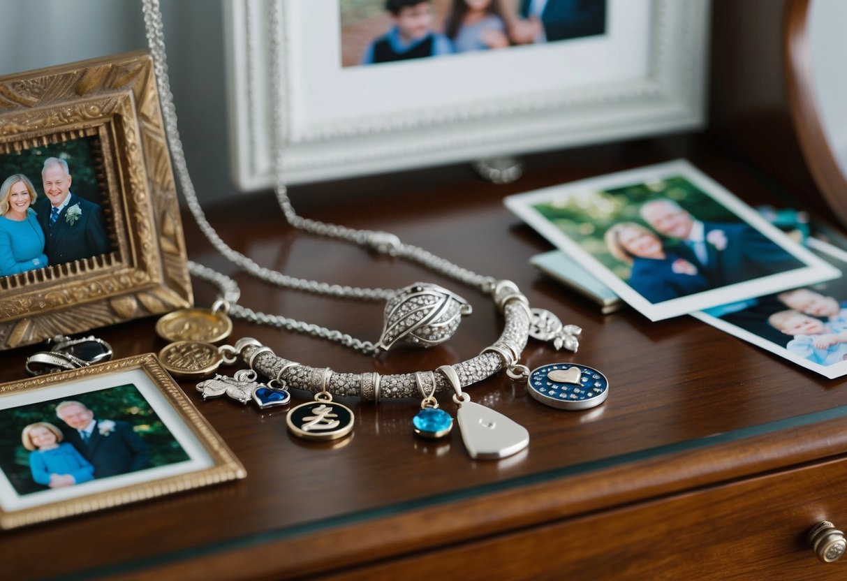 A mother's necklace with custom charms, surrounded by family photos and sentimental trinkets on a dresser