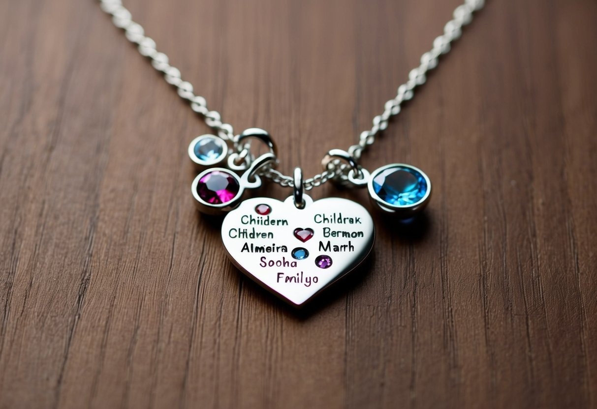 A delicate silver necklace with a heart-shaped pendant, engraved with the names of children and adorned with birthstone charms