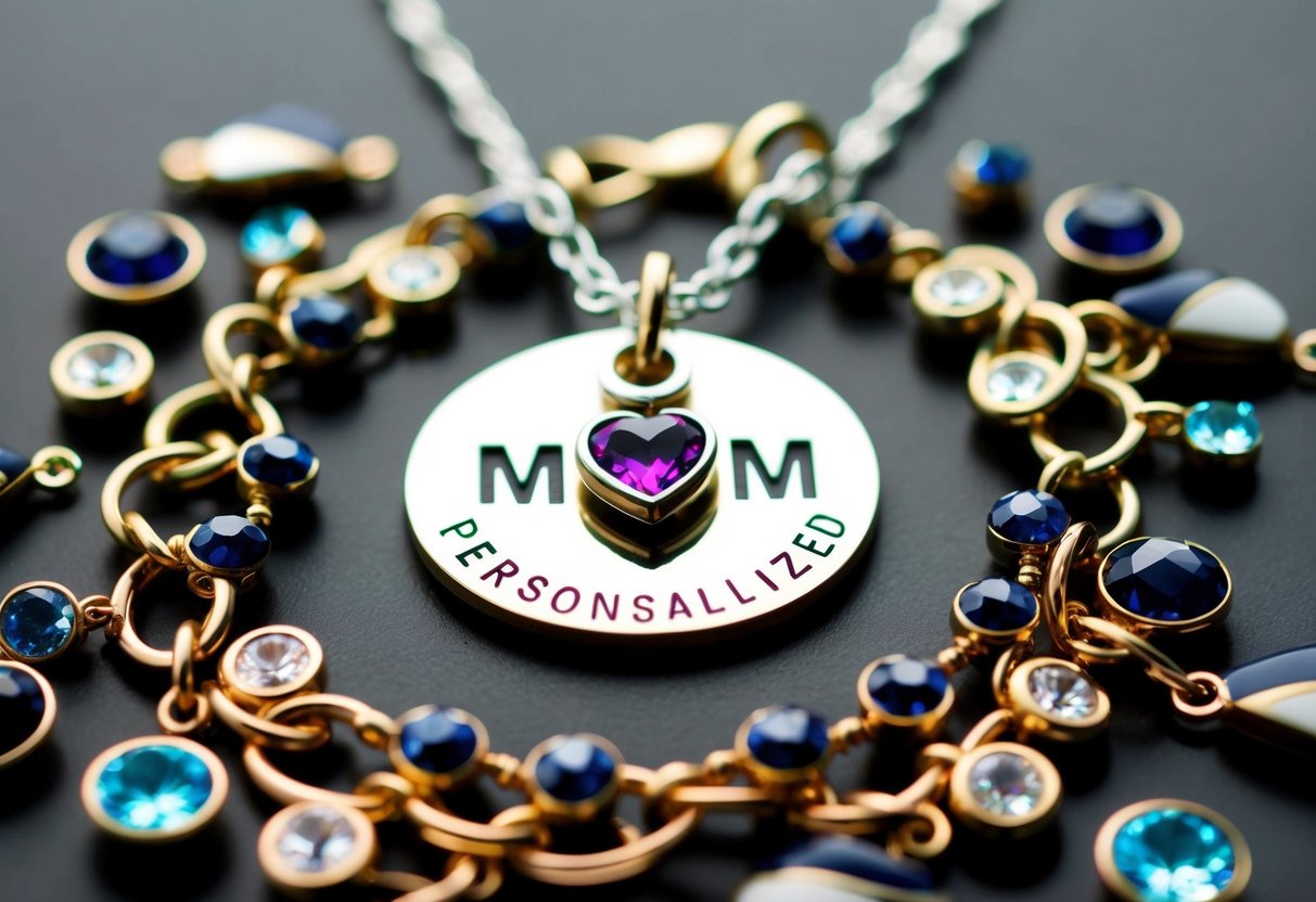 A personalized mom necklace surrounded by durable materials like metal, gemstones, and enamel, symbolizing strength and lasting love