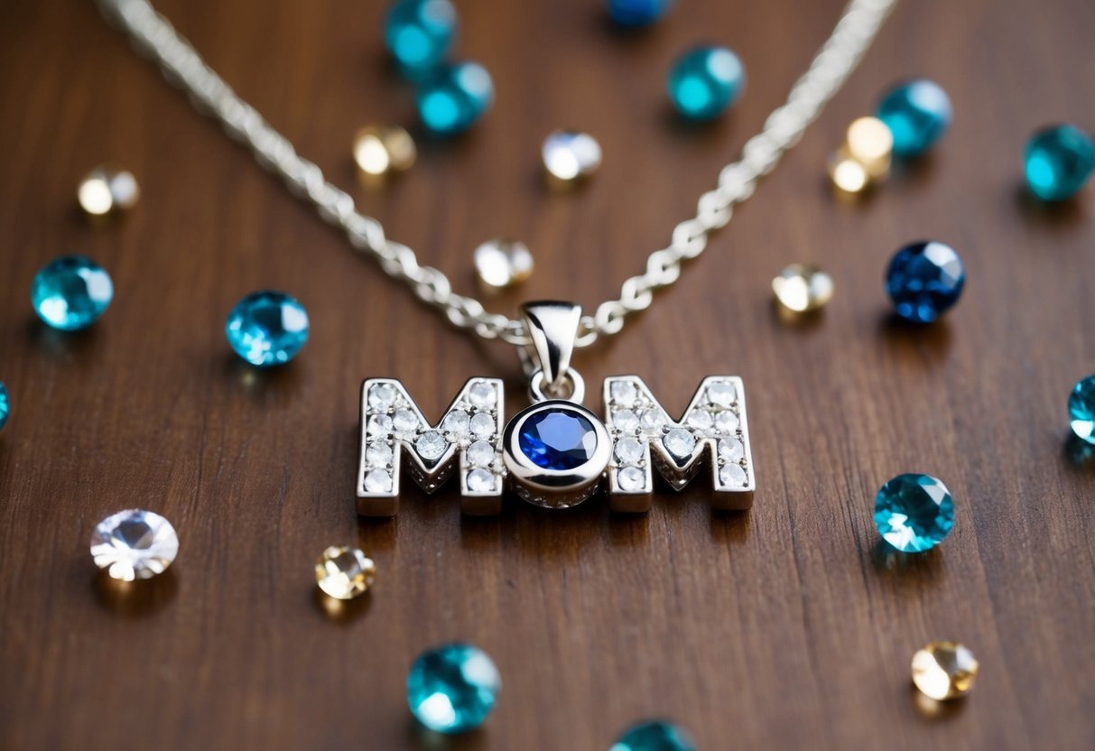 A sparkling necklace with "mom" charm surrounded by birthstones