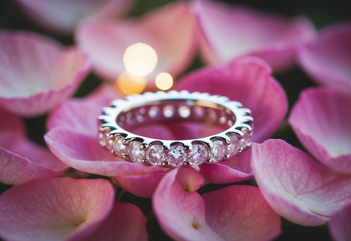 A shimmering eternity ring rests on a bed of delicate pink rose petals. A soft glow emanates from the ring, casting a warm and romantic atmosphere