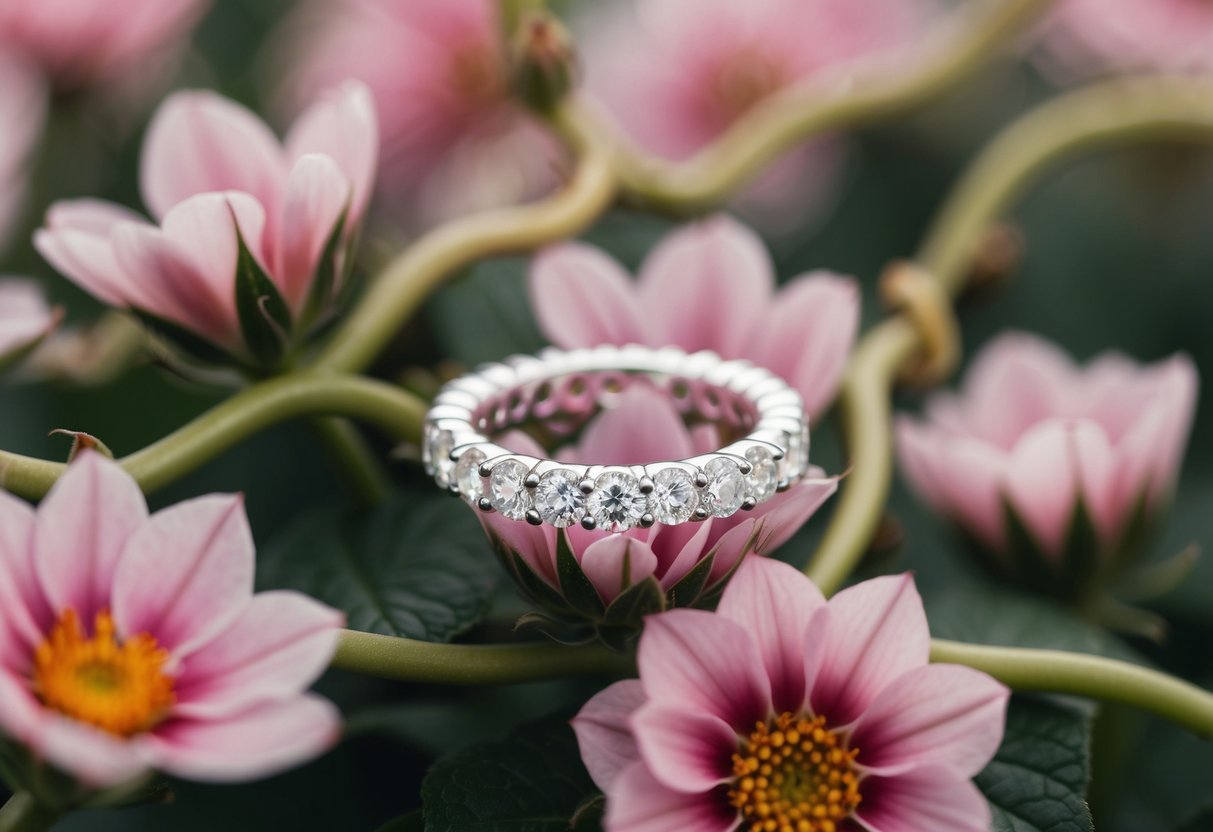 A sparkling eternity ring surrounded by blooming flowers and twisting vines