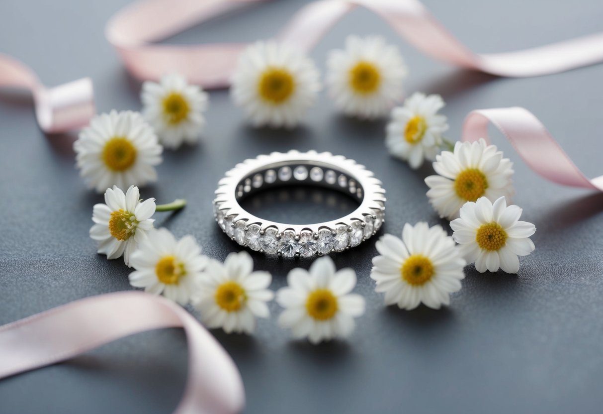 A sparkling eternity ring encircled by delicate flowers and flowing ribbons