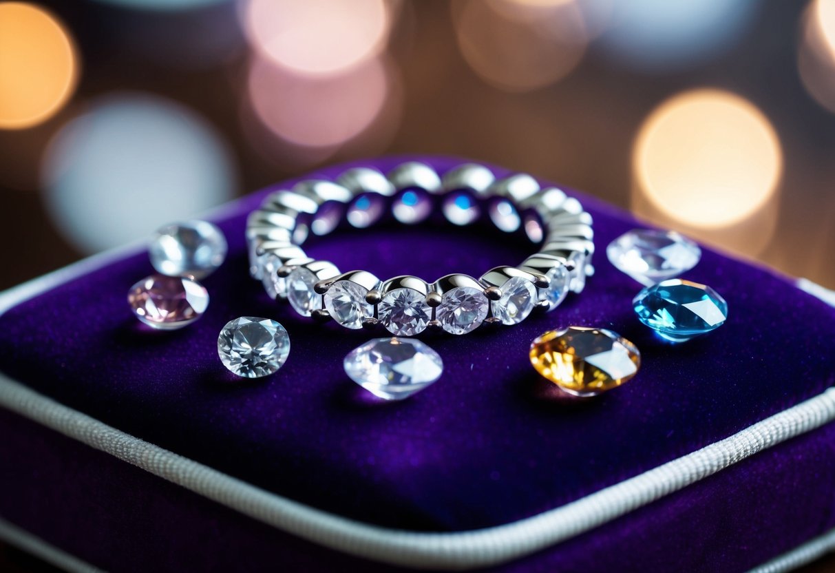 A sparkling eternity ring surrounded by various gemstones on a velvet cushion