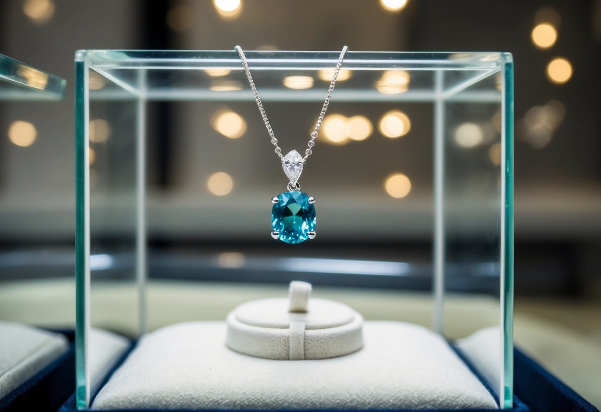 A sparkling birthstone pendant hangs from a delicate chain, catching the light in a jewelry display case