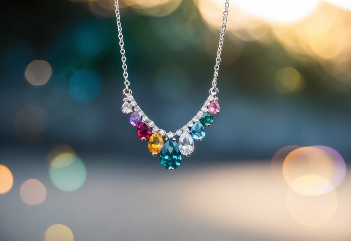 A sparkling necklace with various gemstones, each representing a different birth month, hangs delicately from a silver chain, catching the light and shimmering with vibrant colors