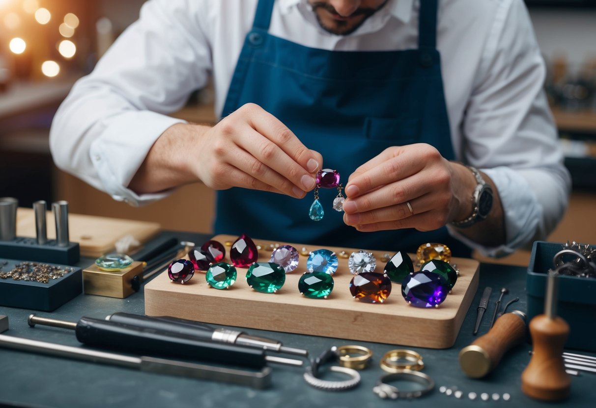 A jeweler carefully selects and arranges various birthstone gems on a workbench, surrounded by tools and materials