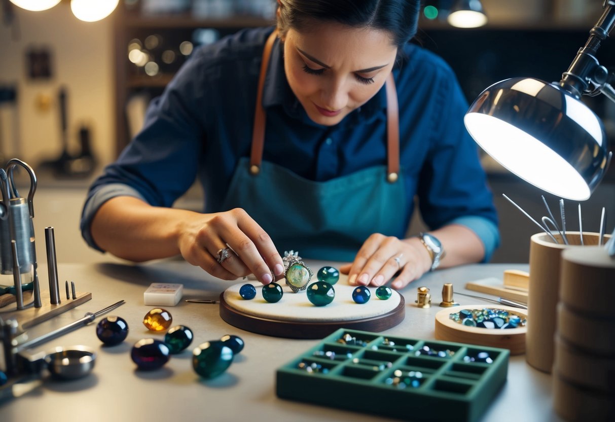 A jeweler meticulously selects and arranges birthstones, surrounded by delicate tools and materials in a well-lit workspace