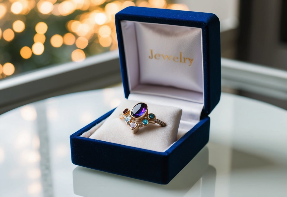 A jewelry box open, revealing custom birthstone jewelry nestled in velvet