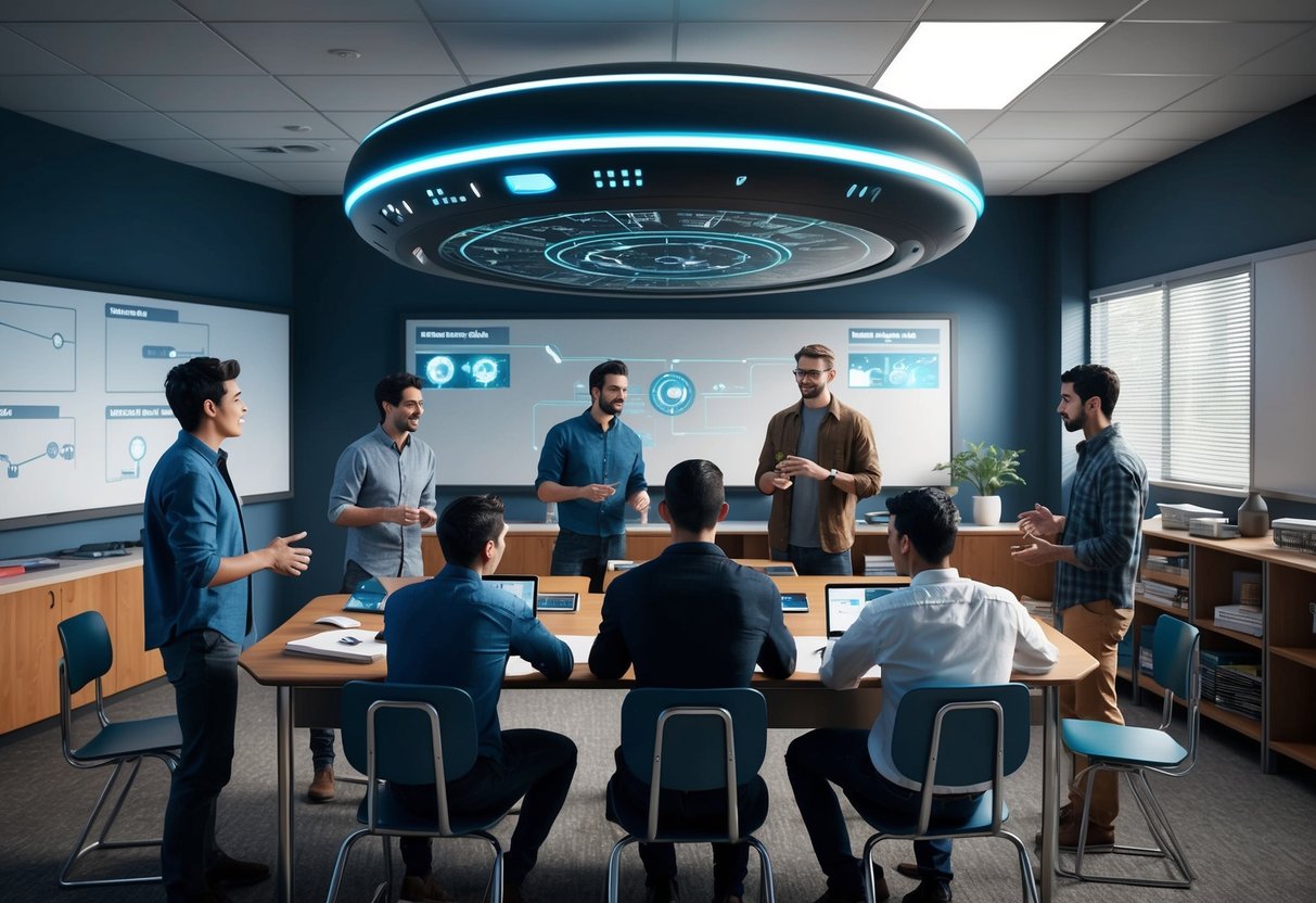 A classroom setting with a large, futuristic data controller hovering above students' heads, while artists engage in conversation and shape the controller's design