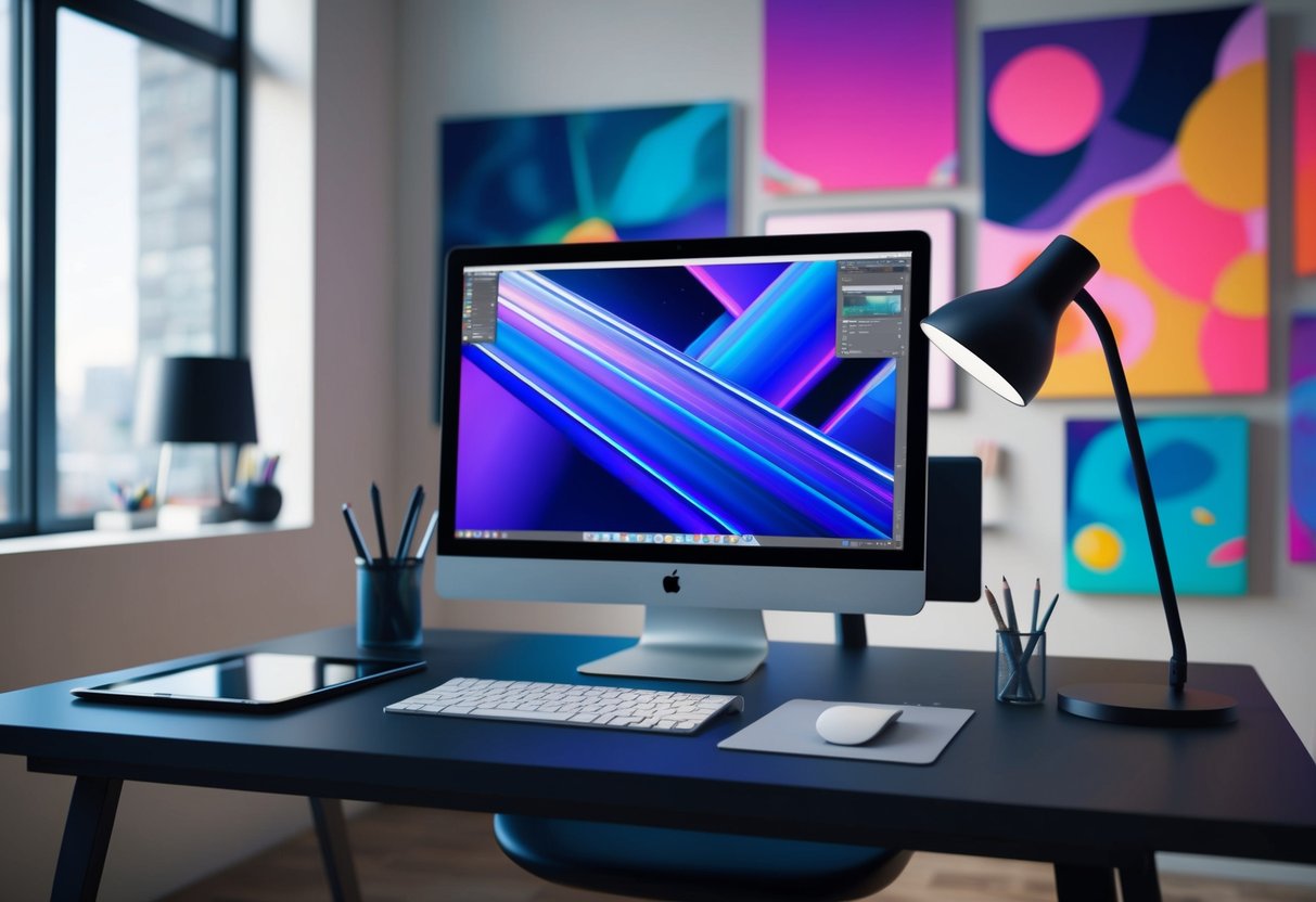 A digital artist's studio with a computer, tablet, and stylus on a desk, surrounded by vibrant contemporary artwork