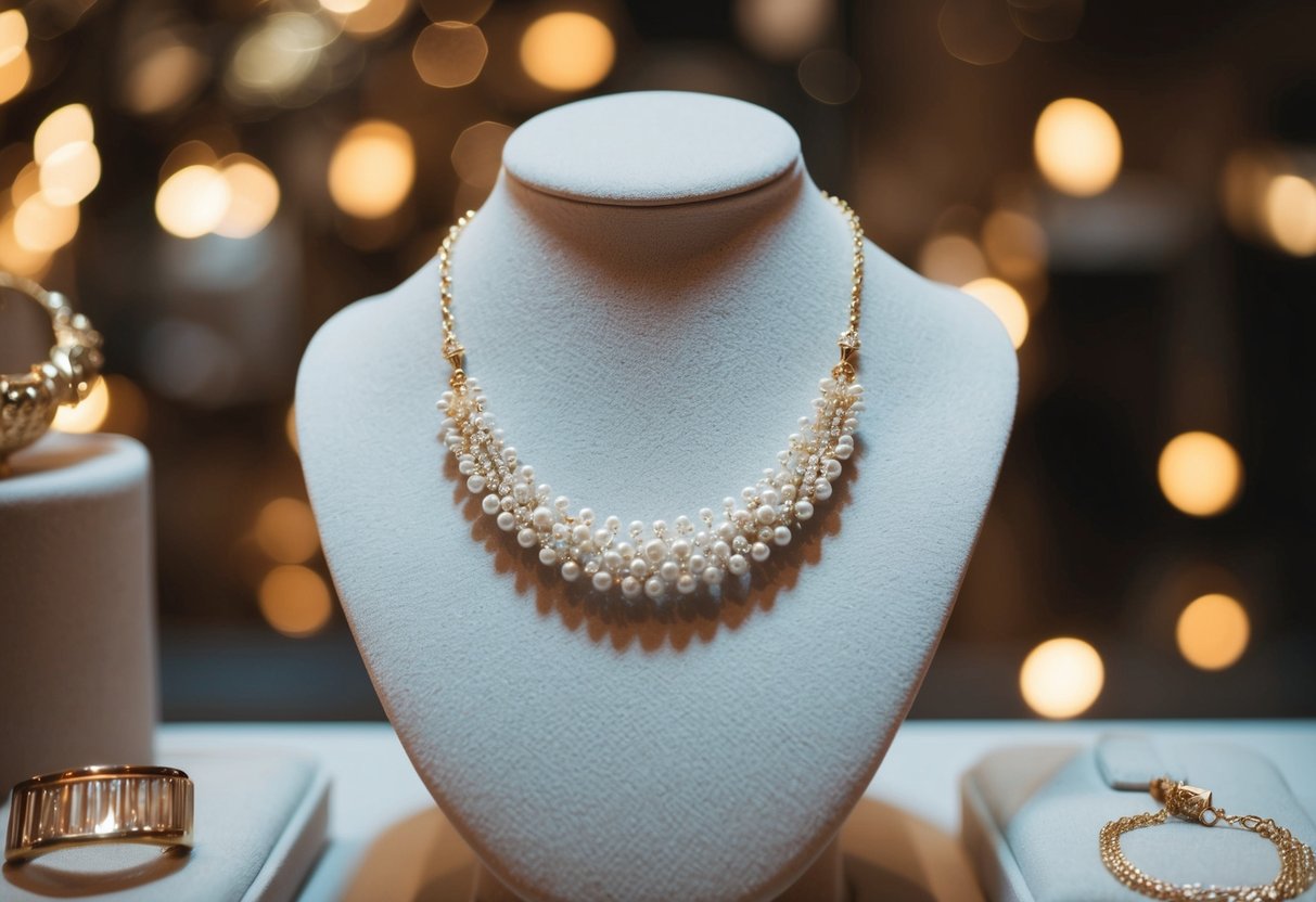 A delicate white gold necklace draped over a velvet jewelry display