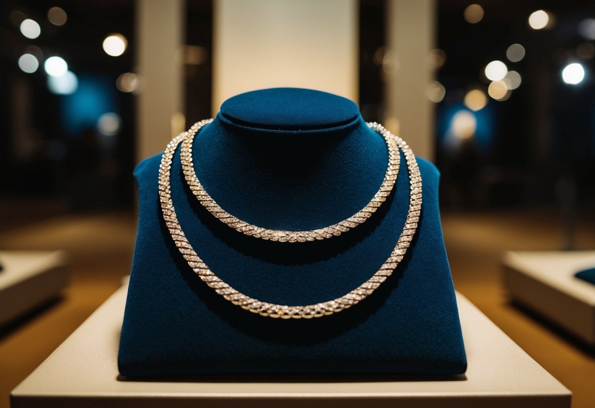 A white gold necklace displayed on a velvet cushion in a dimly lit museum exhibit