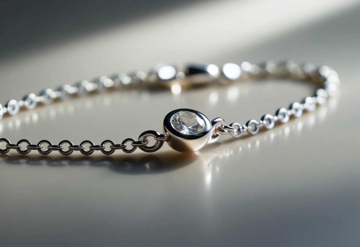 A white gold necklace gleams under soft lighting, showcasing the intricate details of its alloy composition