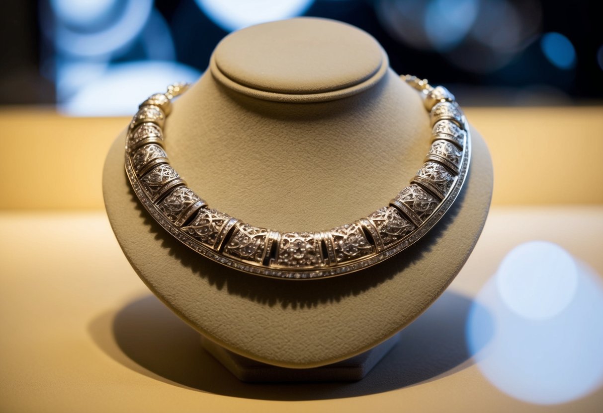 A white gold necklace with intricate designs, resting on a velvet display stand