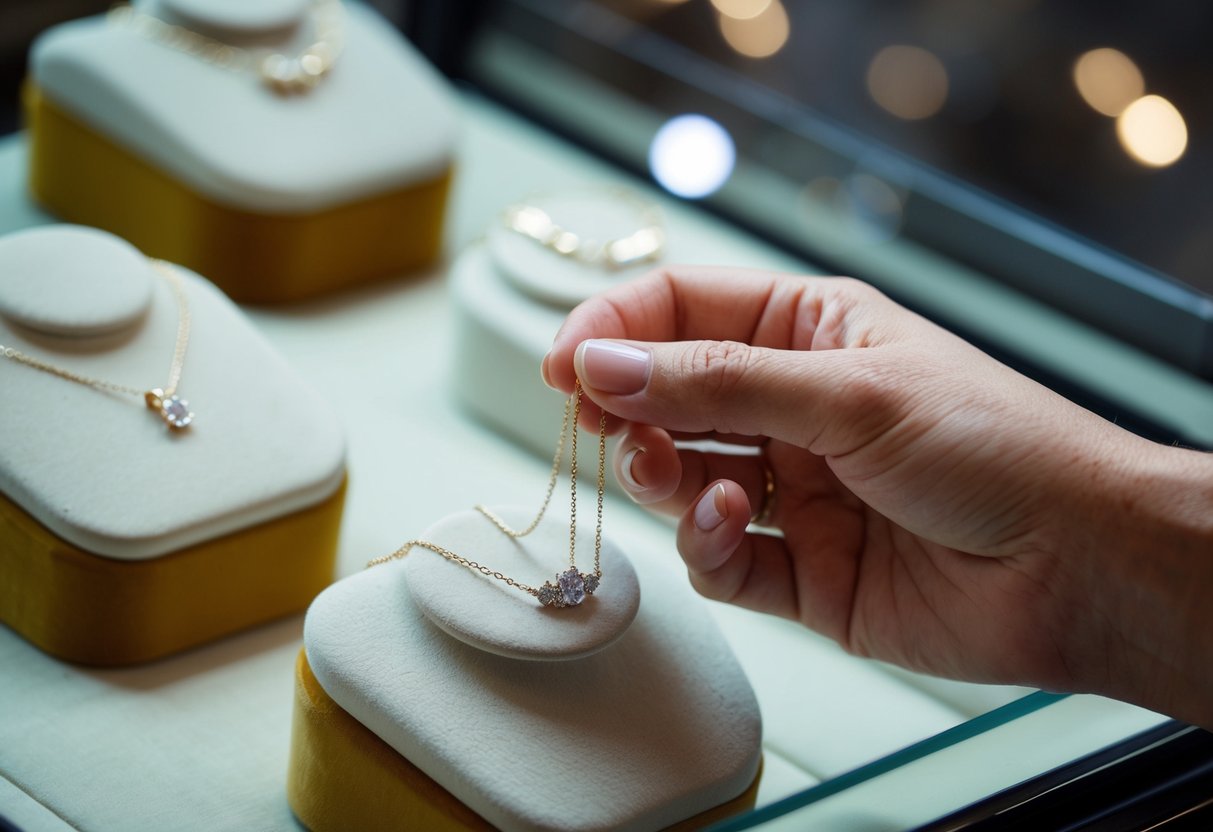 A hand reaching out to select a delicate white gold necklace from a velvet-lined jewelry display case