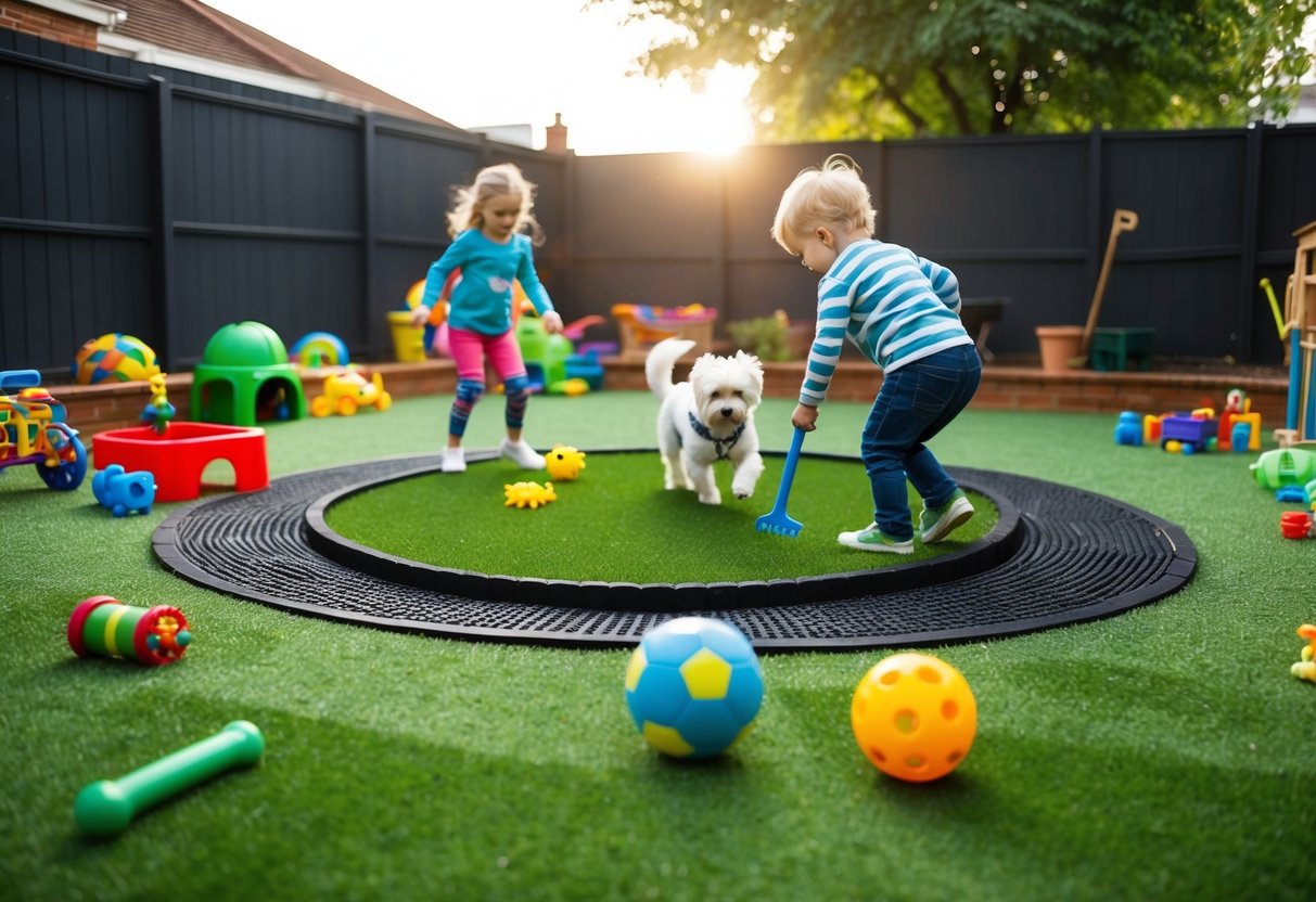 A backyard with artificial grass and rubber infill, surrounded by toys and pet accessories. Children and pets play on the grass, with no signs of wear or damage
