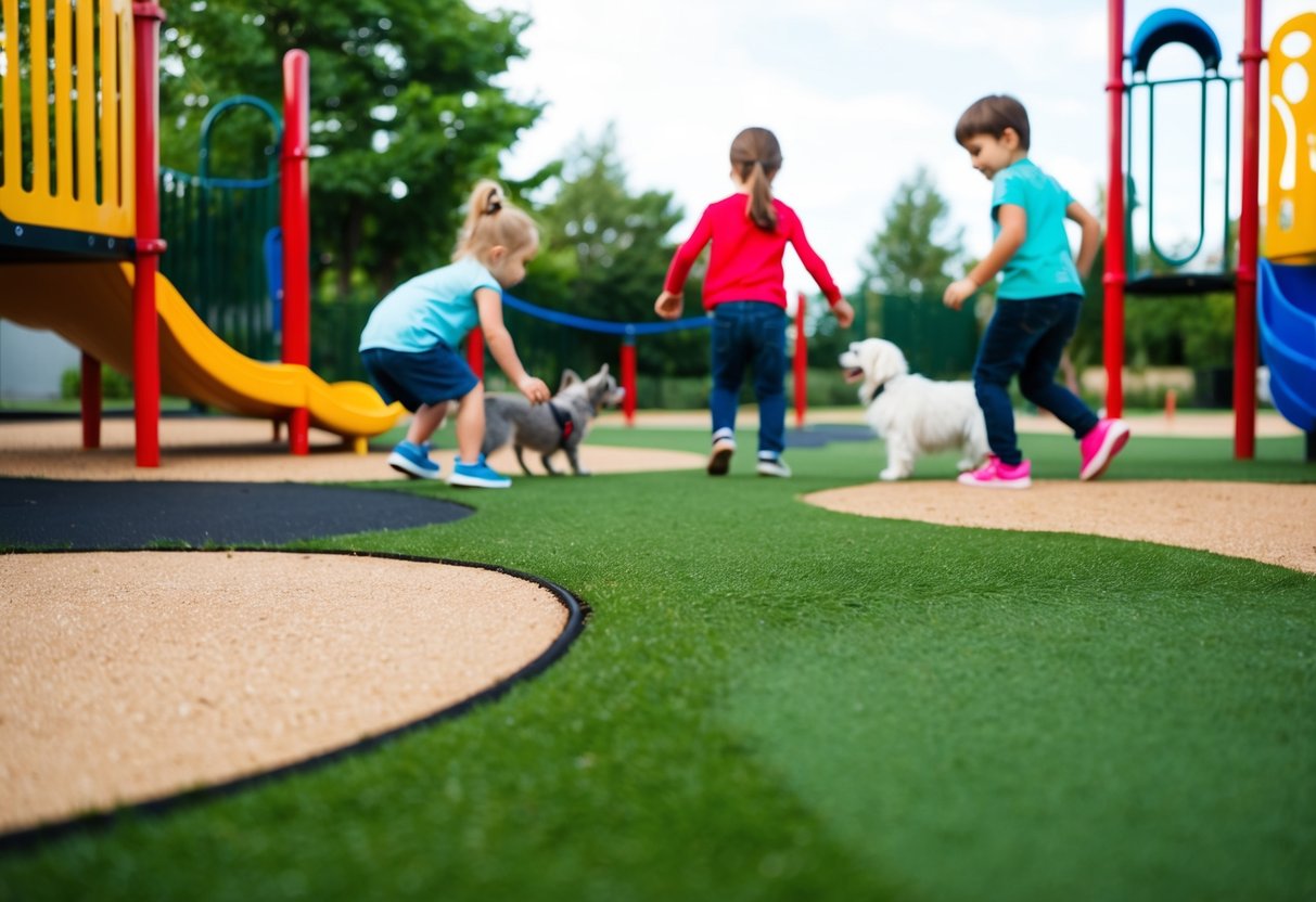 A playground with children and pets playing on artificial grass with different infill materials such as rubber, sand, and cork spread out on the ground