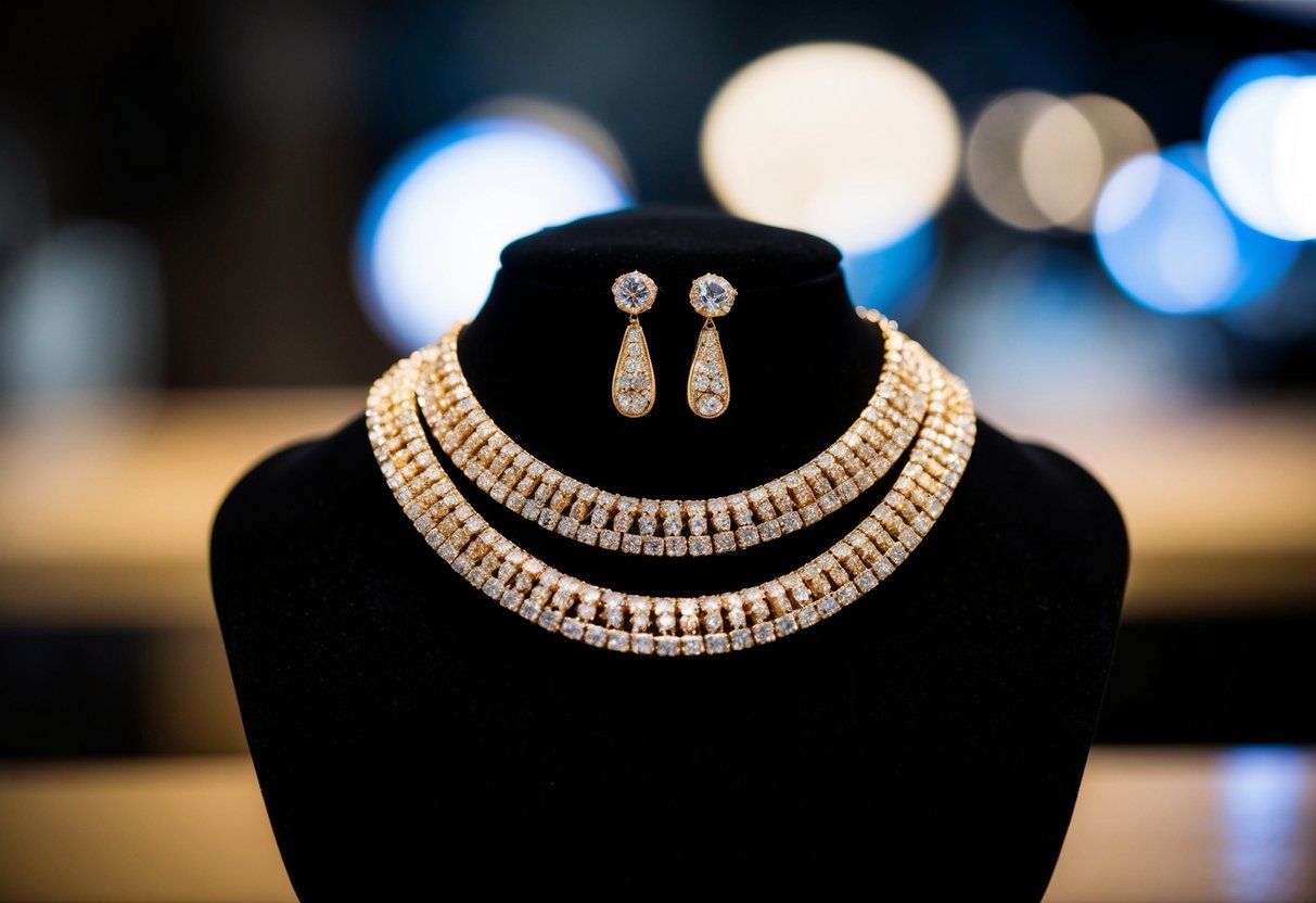 A sparkling gold necklace and earrings displayed on a black velvet background