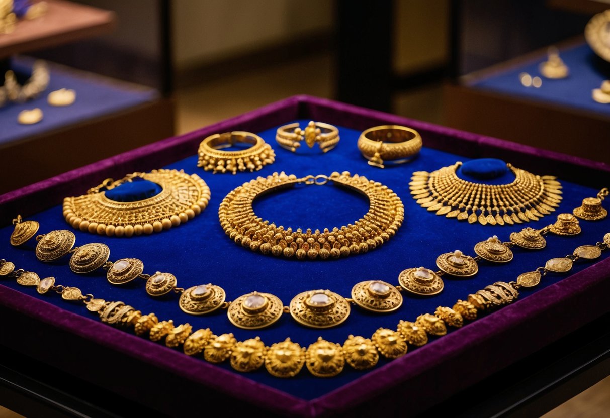 A display of ancient gold jewelry, including intricate necklaces, bracelets, and rings, arranged on a velvet-lined tray in a museum exhibit