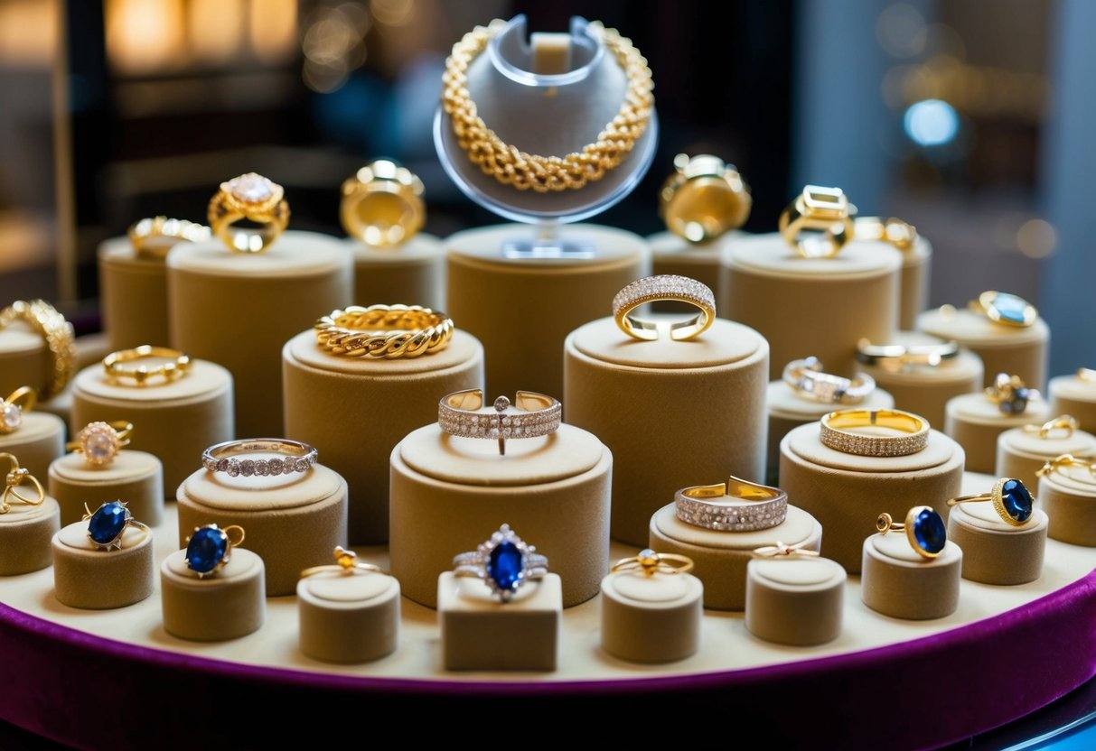 A gleaming array of gold jewelry including rings, bracelets, necklaces, and earrings arranged on a velvet display stand