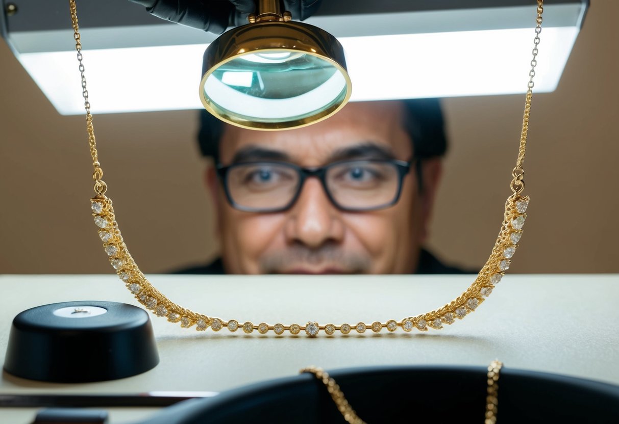 A jeweler examines a gold necklace under a bright light, using a magnifying glass to inspect the intricate details of the purity markings