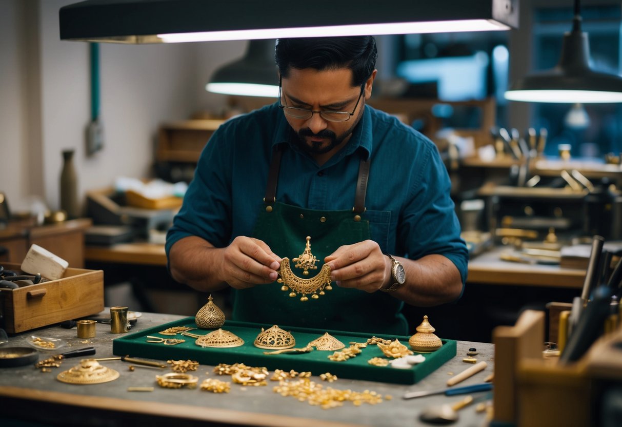 A craftsman meticulously shaping and assembling intricate gold jewelry pieces at a cluttered workbench