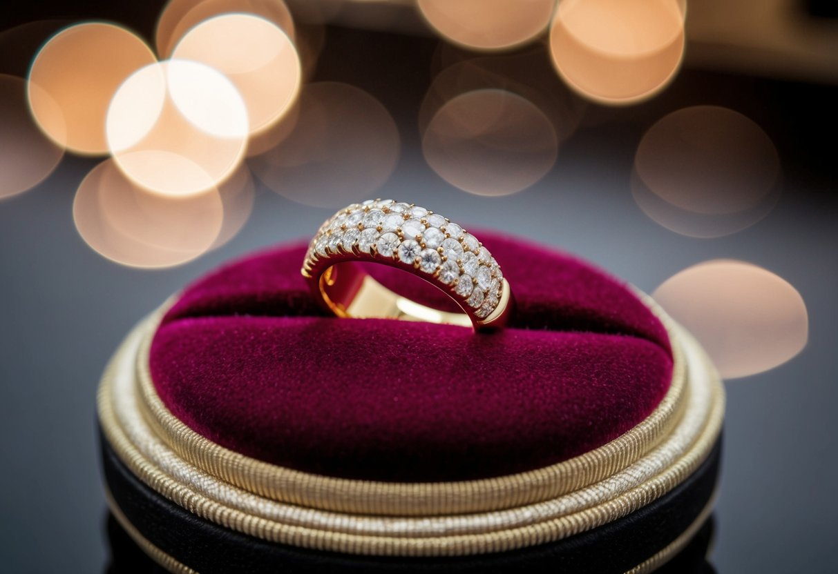 A shimmering 18k gold ring on a velvet cushion