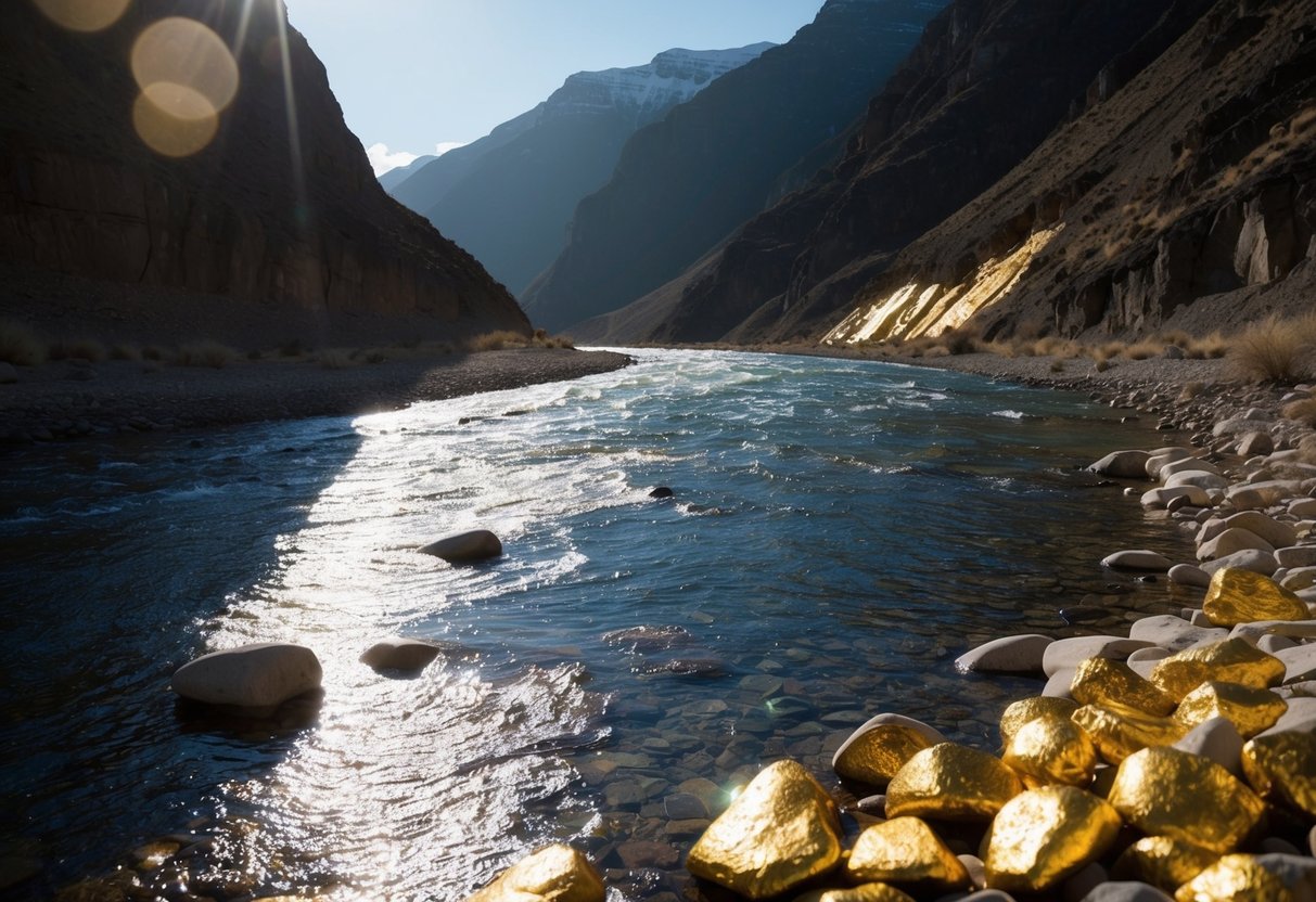 A shimmering river flowing through a mountainous landscape, with sunlight glinting off the gold deposits embedded in the rocks