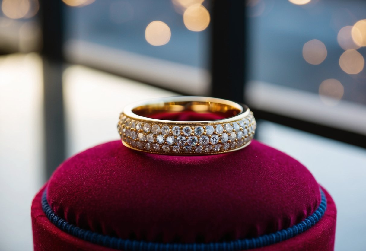 A sparkling 18K gold ring, resting on a velvet cushion, catching the light from a nearby window