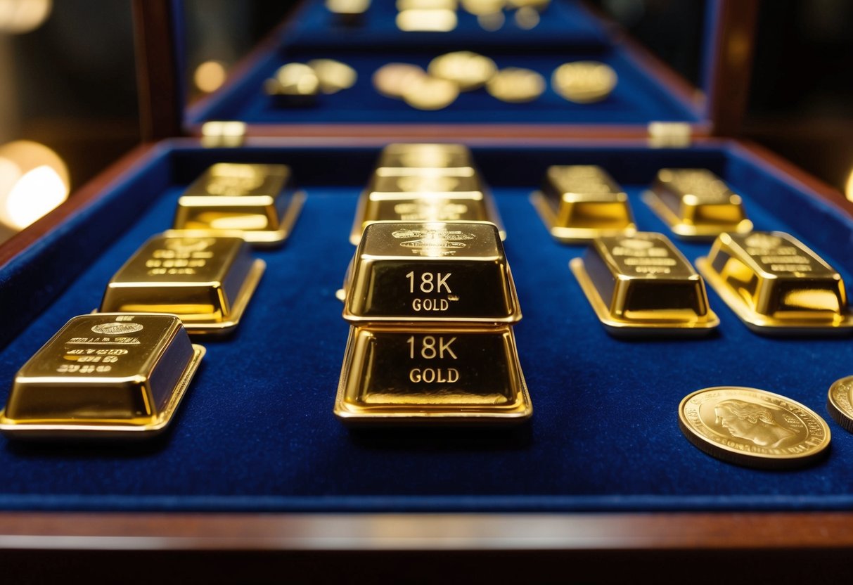 18K gold bars and coins arranged on a velvet-lined display case, glinting under soft lighting