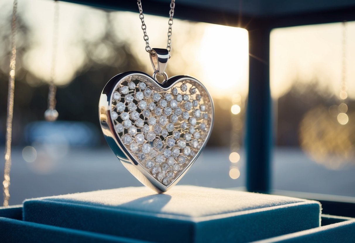 A custom heart necklace lies on a velvet display, catching the light with its delicate craftsmanship