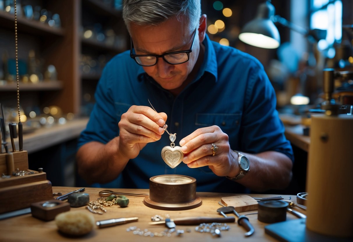 A jeweler carefully engraves a delicate heart pendant, surrounded by tools and gemstones, in a cozy workshop filled with antique jewelry