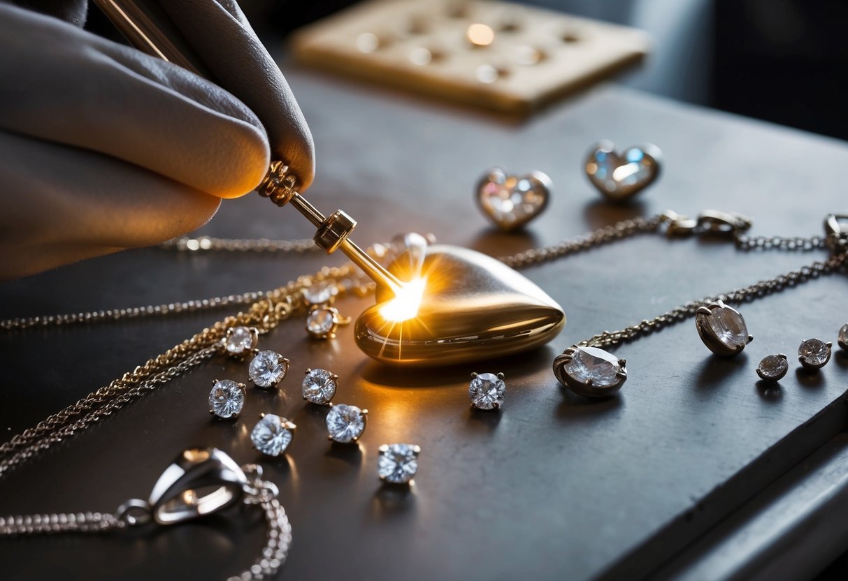 A jeweler carefully shapes molten metal into a heart pendant, surrounded by an array of sparkling gemstones and delicate chains