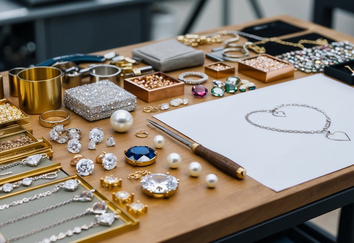 A table with various materials spread out: gold, silver, rose gold, diamonds, pearls, and gemstones. A jeweler's tools and a sketch of a heart necklace are also present