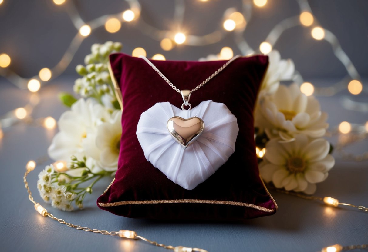 A beautifully wrapped custom heart necklace displayed on a velvet cushion, surrounded by delicate flowers and twinkling fairy lights