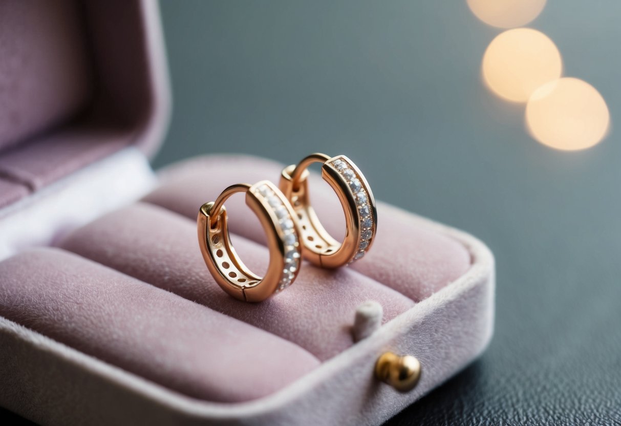 A pair of small hoop earrings resting on a velvet jewelry box