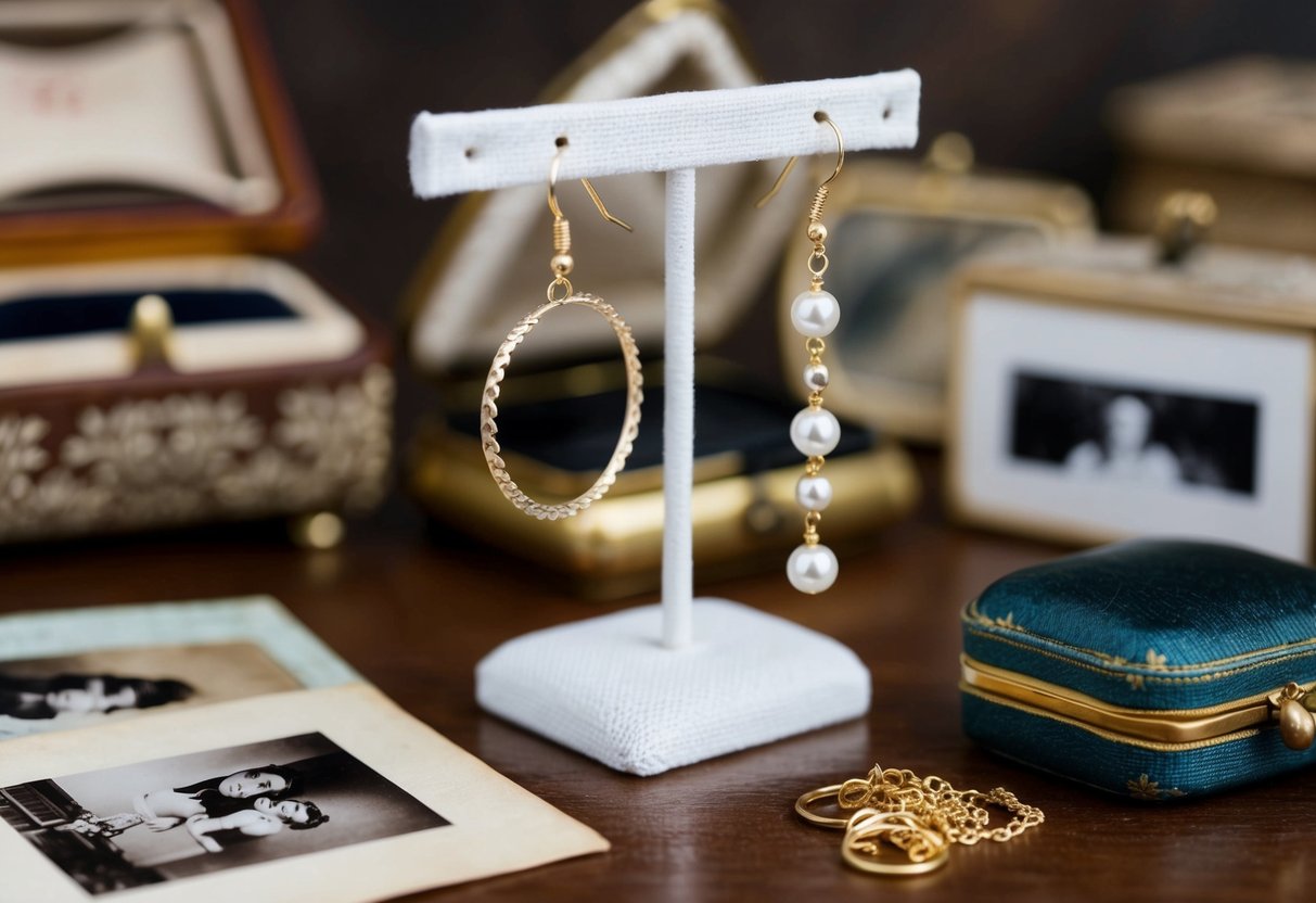 A small hoop earring hanging from a delicate jewelry stand, surrounded by vintage photographs and antique jewelry boxes