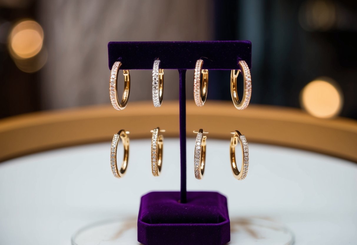 A collection of small hoop earrings arranged on a velvet-lined display stand