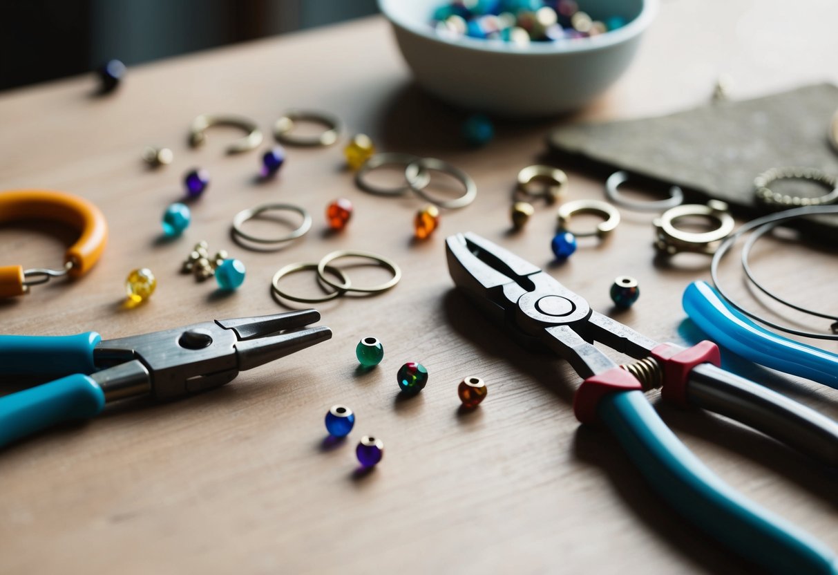 A small table with scattered jewelry-making supplies: pliers, wire cutters, small metal hoops, and tiny beads in various colors