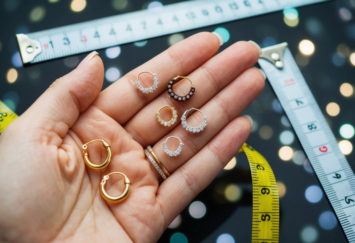 A hand holding a variety of small hoop earrings, surrounded by a ruler and measuring tape to indicate different sizes