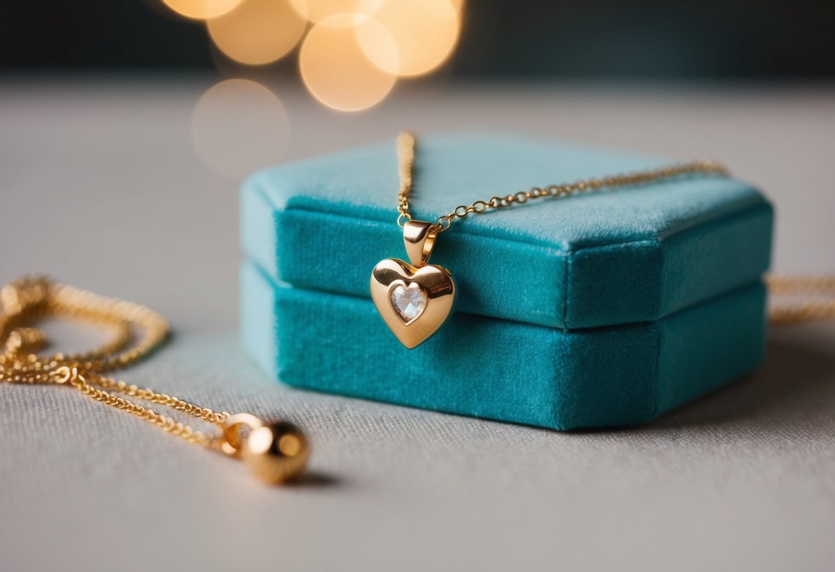 A delicate gold necklace with a heart-shaped pendant, adorned with a single sparkling gem, rests on a velvet jewelry box