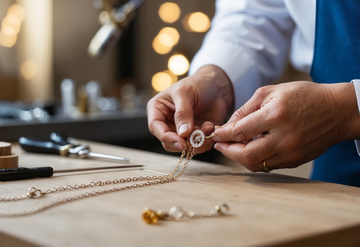 A jeweler carefully crafting a personalized necklace with unique design elements and delicate details