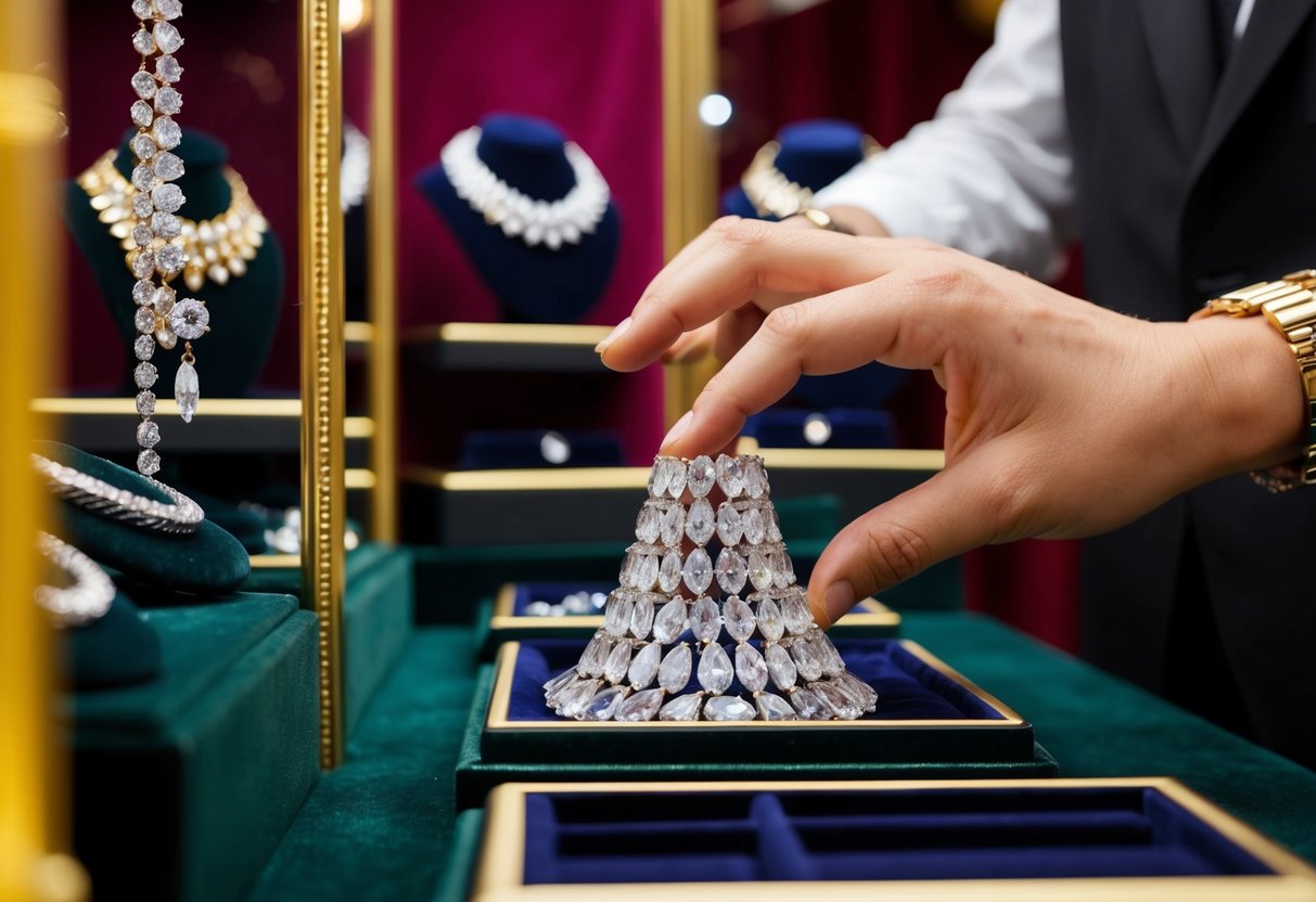 A hand reaching for a sparkling array of gemstones, set against a backdrop of velvet and gold jewelry displays